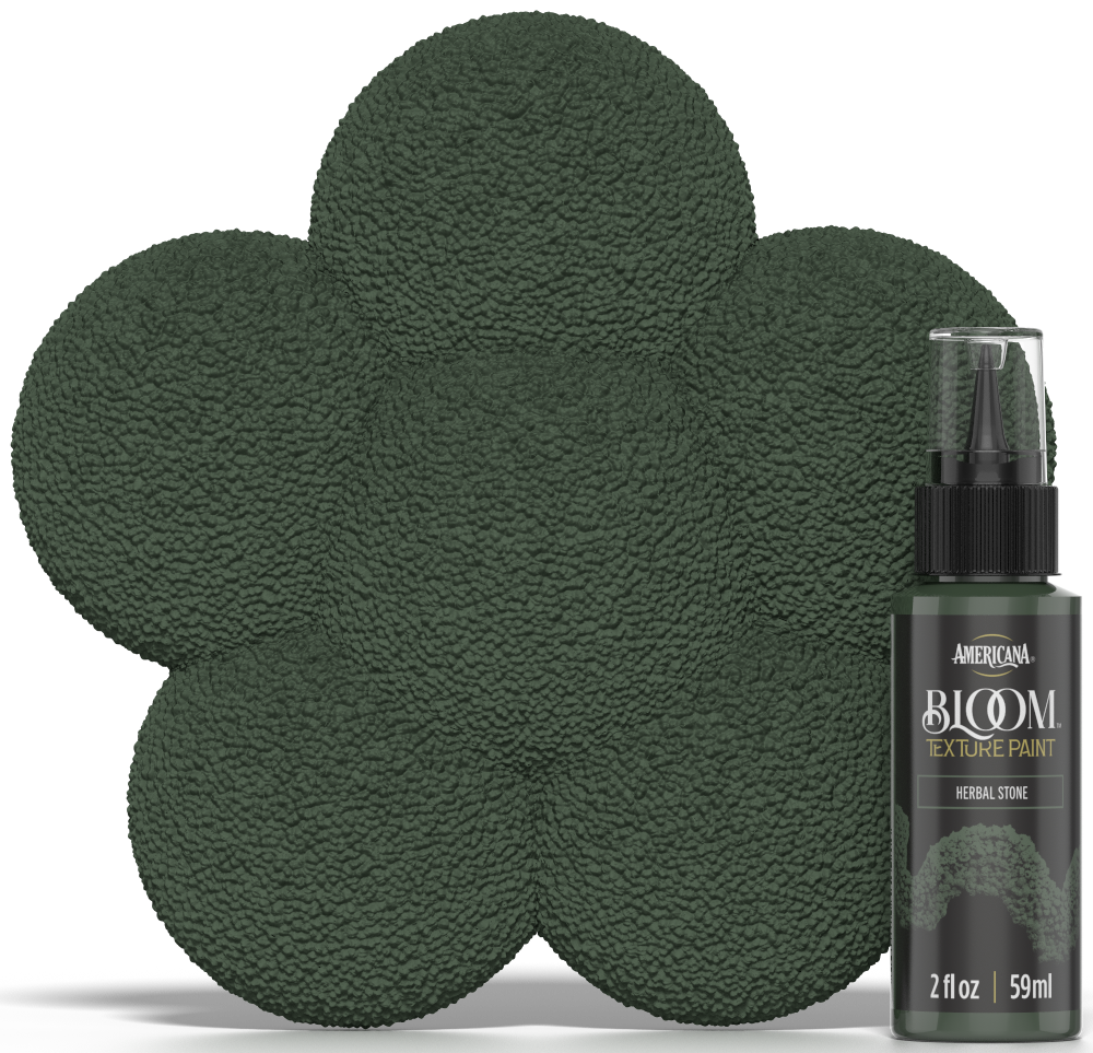 Retique It® Bloom Texture Paint 4-pack in Herbal Stone, featuring textured paint cans with herbal stone finish and a color swatch.