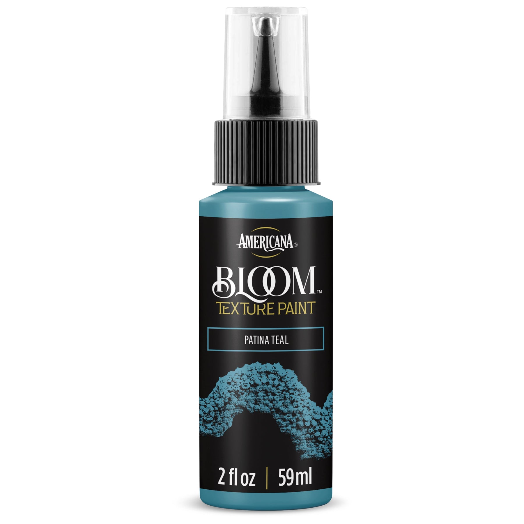 DecoArt Bloom Texture Paint in Patina Teal, showing a textured teal-colored paint application on a surface.