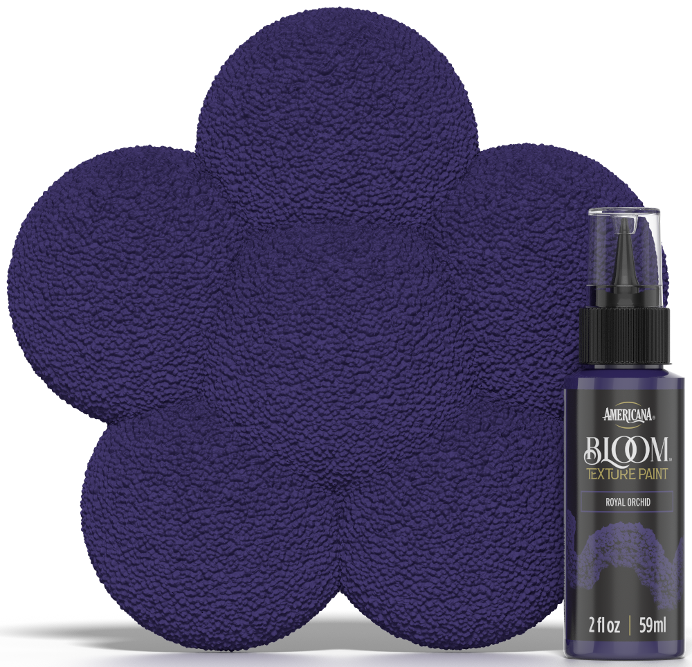 Retique It® Bloom Texture Paint 4-pack in Royal Orchid, showing textured paint pots and color swatch sample.