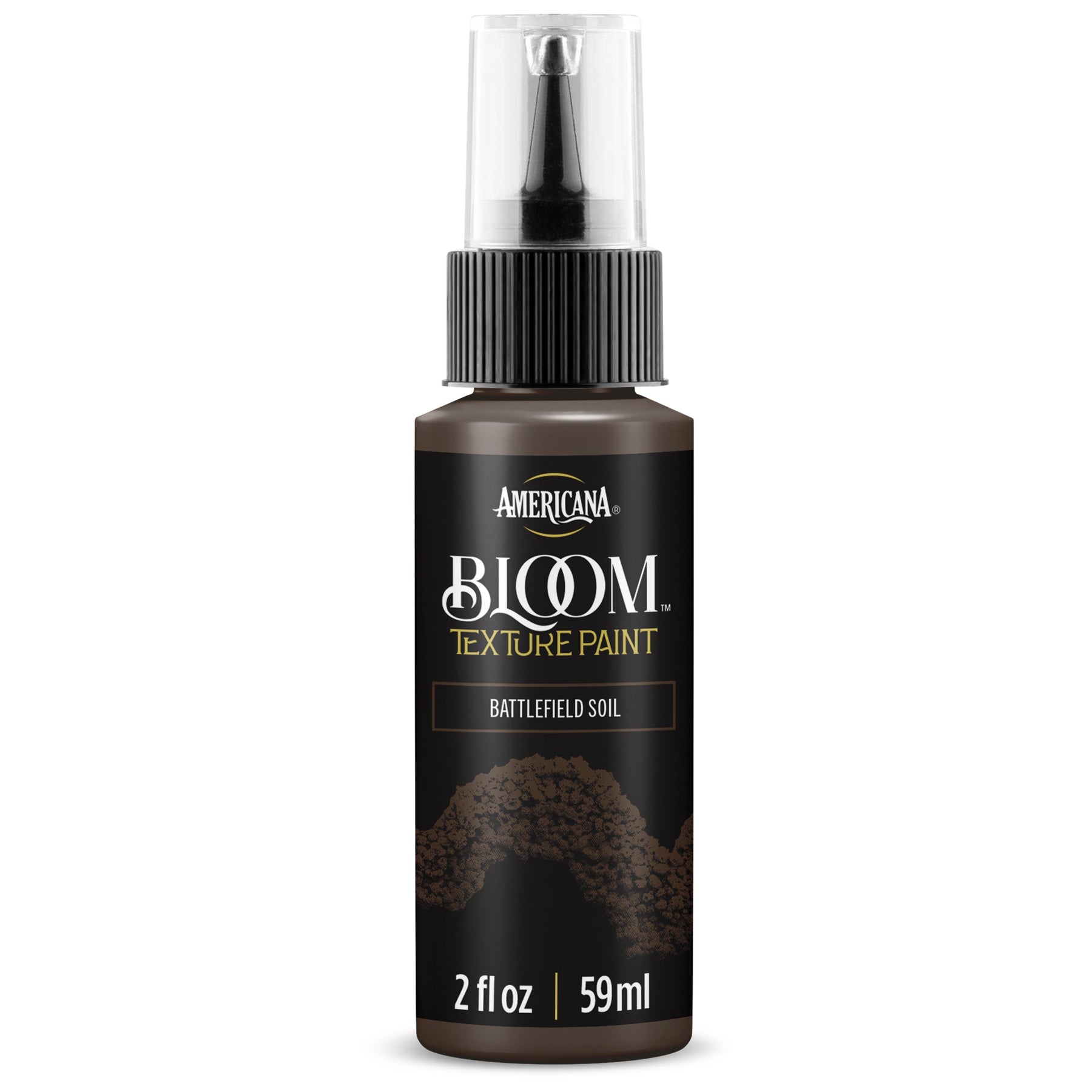 DecoArt Bloom Texture Paint in Battlefield Soil, showing textured paint application in earthy brown tones on a surface.