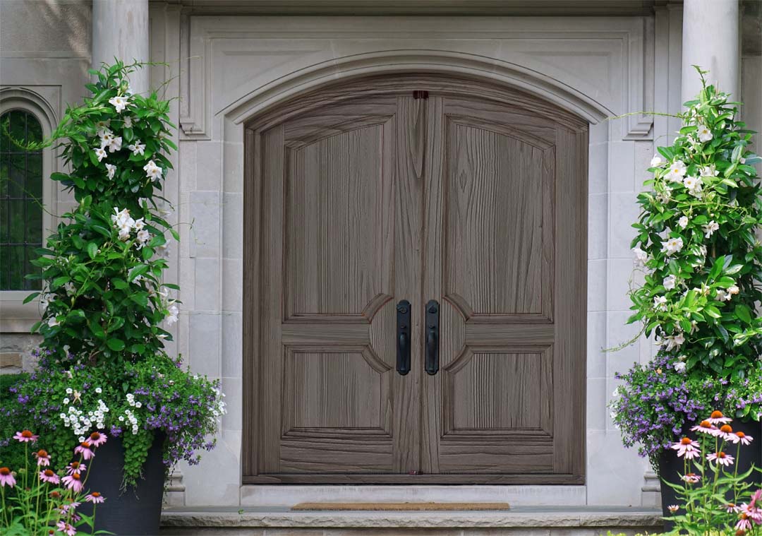 Retique It Wood'n Finish Kit in Harbor Gray, large interior top coat on a double front door with wood grain texture.