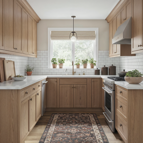 Beautifully updated farmhouse kitchen featuring lower and upper cabinets refinished with Retique It’s Pickled Oak grained kit, paired with white subway tile backsplash, warm wood floors, and modern brass hardware for a clean, cozy, and natural look.