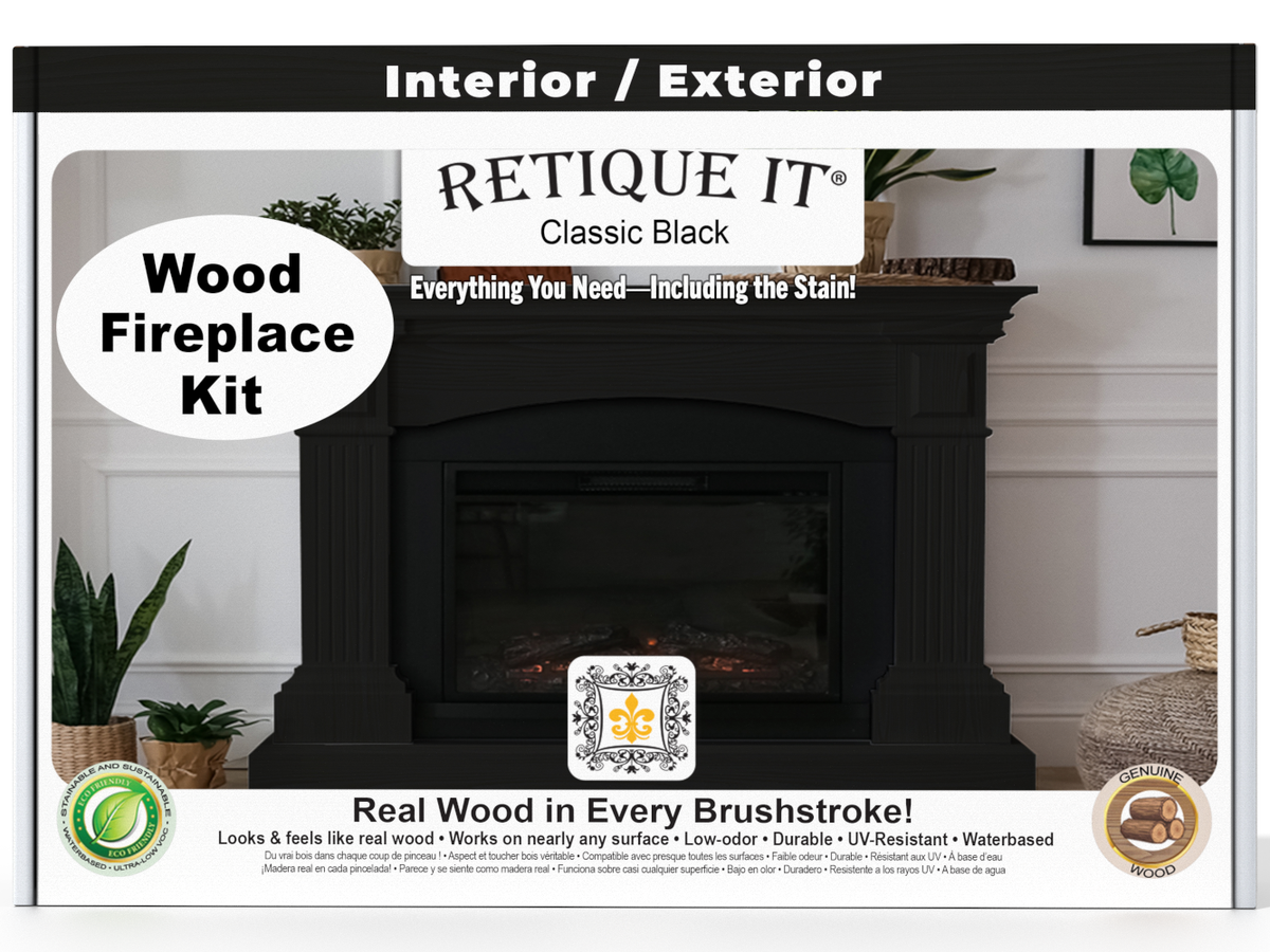 Retique It wood fireplace kit packaging with black fireplace and decorative elements.