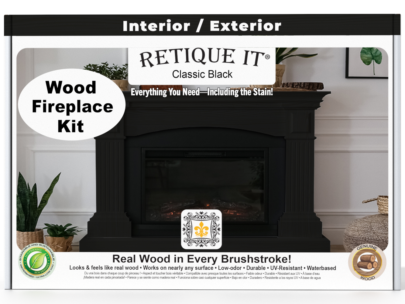 Retique It wood fireplace kit packaging with black fireplace and decorative elements.