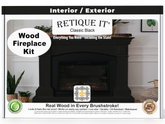 Retique It wood fireplace kit packaging with black fireplace and decorative elements.