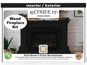 Retique It wood fireplace kit packaging with black fireplace and decorative elements.