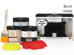 Retique It wood fireplace kit with paint cans, brush, and packaging on a white background