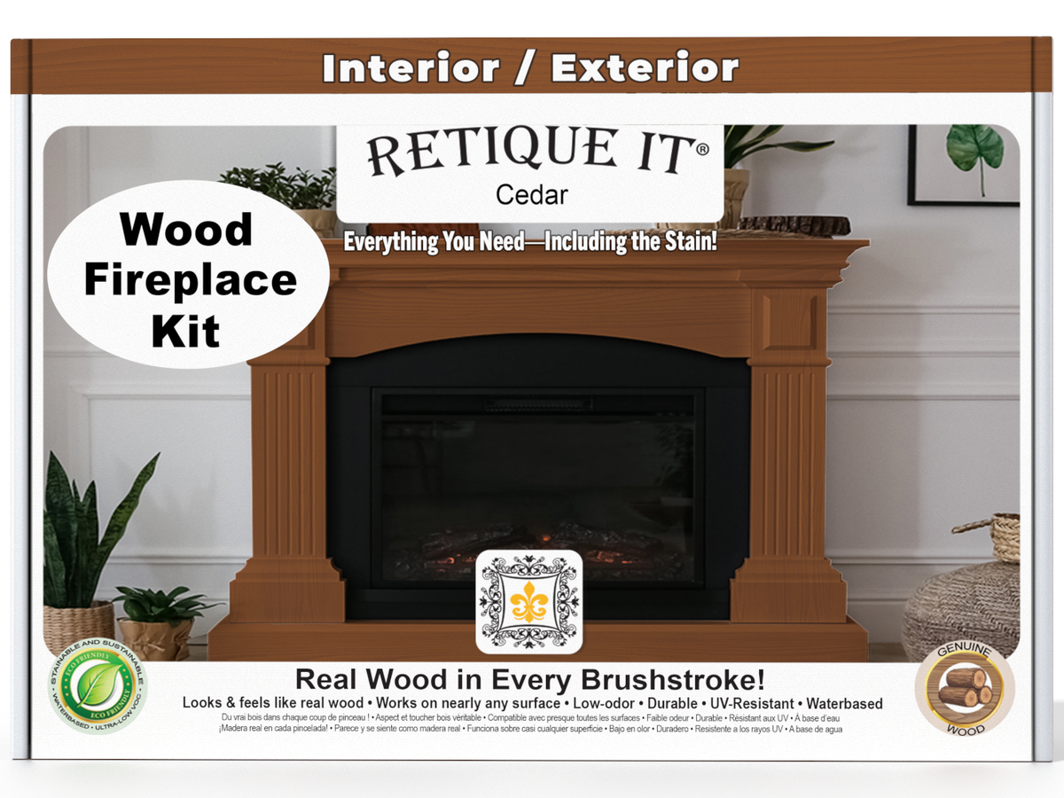 Retique It wood fireplace kit packaging with a wooden fireplace and plants in the background.