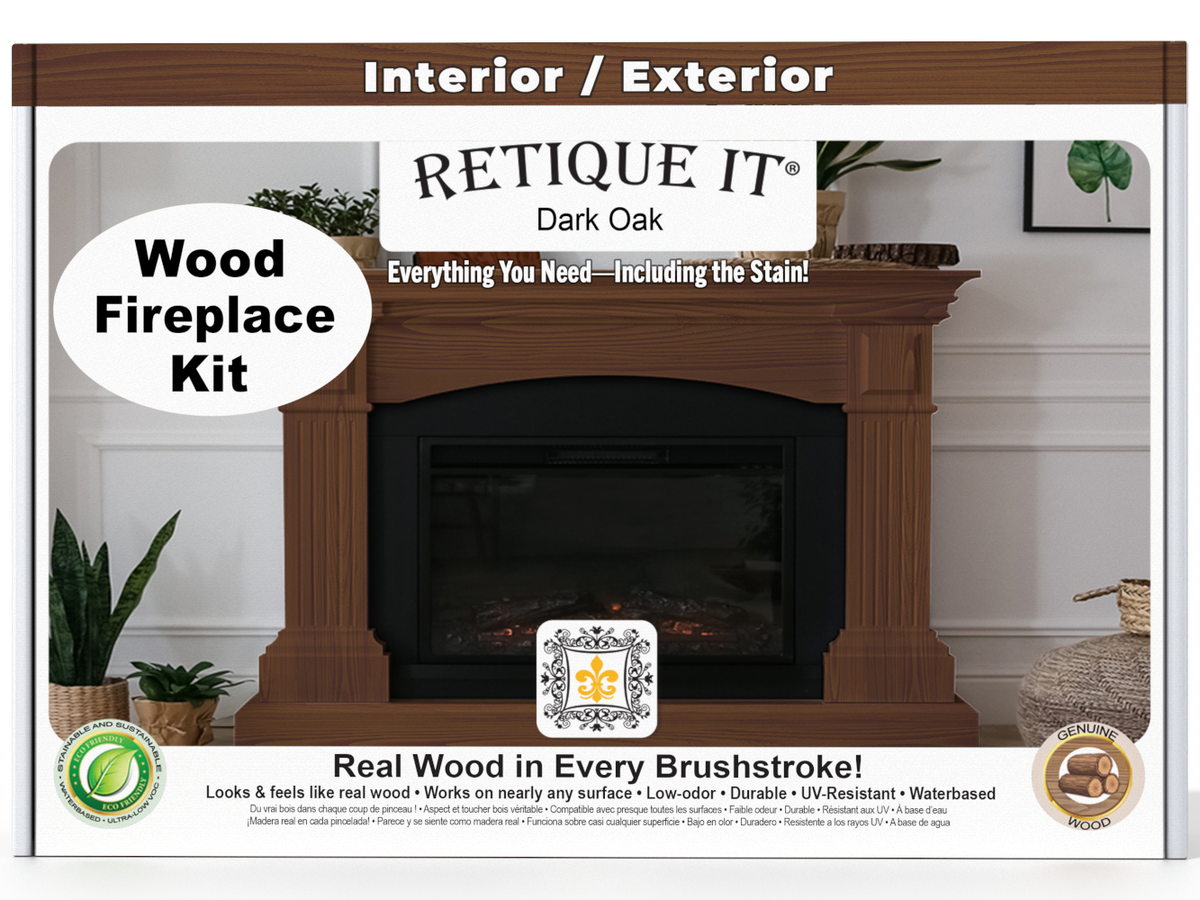 Advertisement for a wood fireplace kit with 'Retique It' branding and product features.