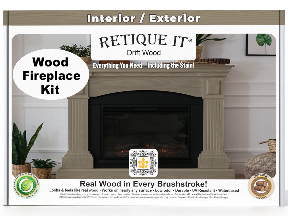 Retique It wood fireplace kit packaging with a fireplace and plants in the background.