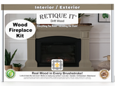 Retique It wood fireplace kit packaging with a fireplace and plants in the background.