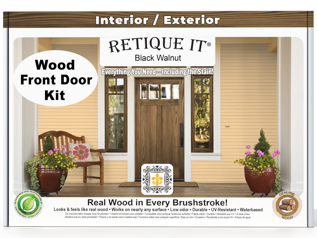 Retique It wood front door kit packaging with a wooden door and bench on a white background.