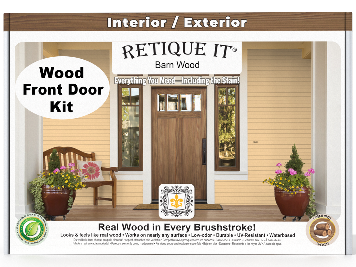 Retique It Wood Front Door Kit packaging with a door and garden scene on a white background