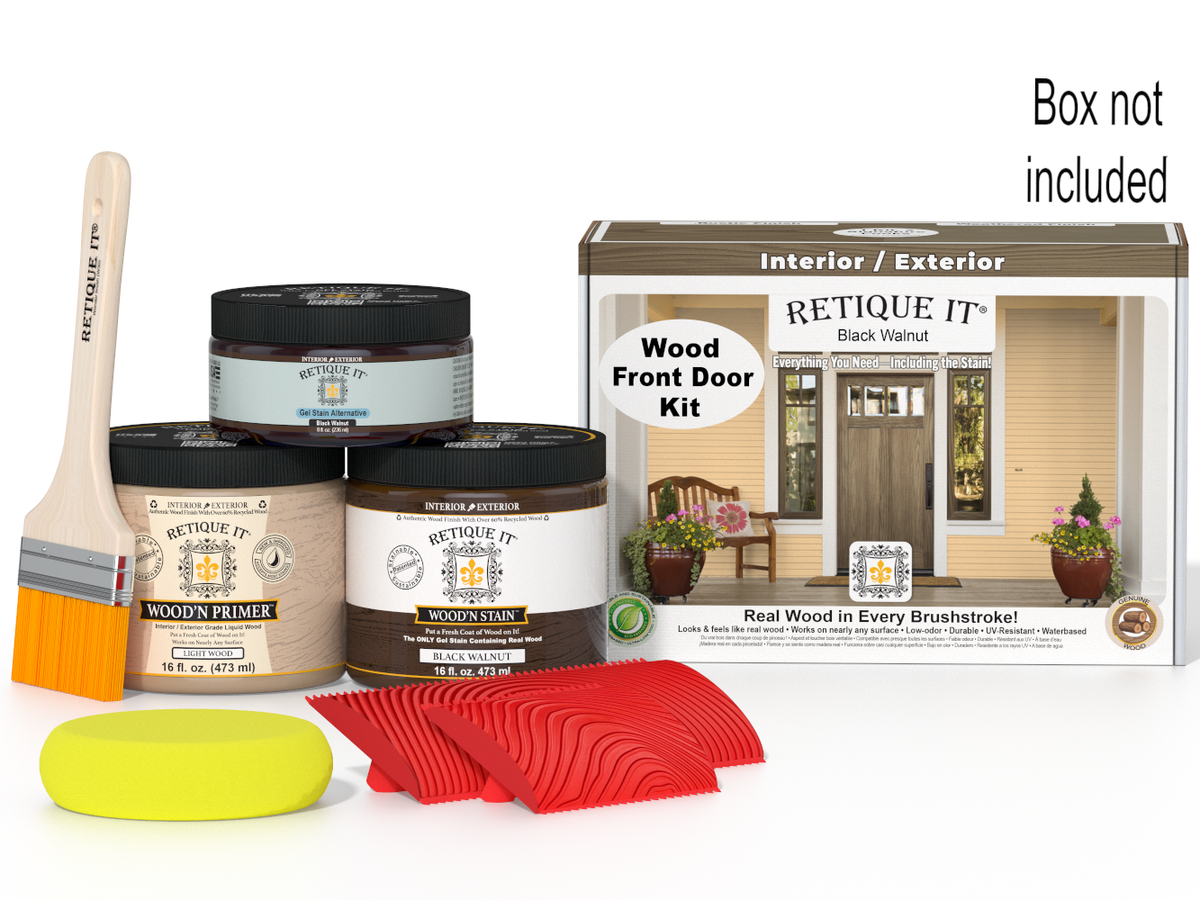 Wooden door kit with paint cans, brush, and sponges on a white background