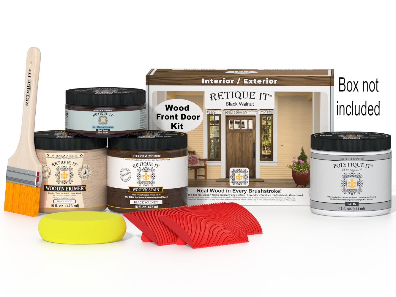 Retique It® Wood'n Finish front door kit in black walnut stain with stain bottles and applicator tools on a door.