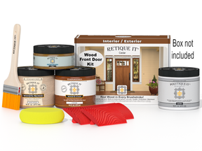 Wooden door painting kit with paint cans, brushes, and a box in the background.