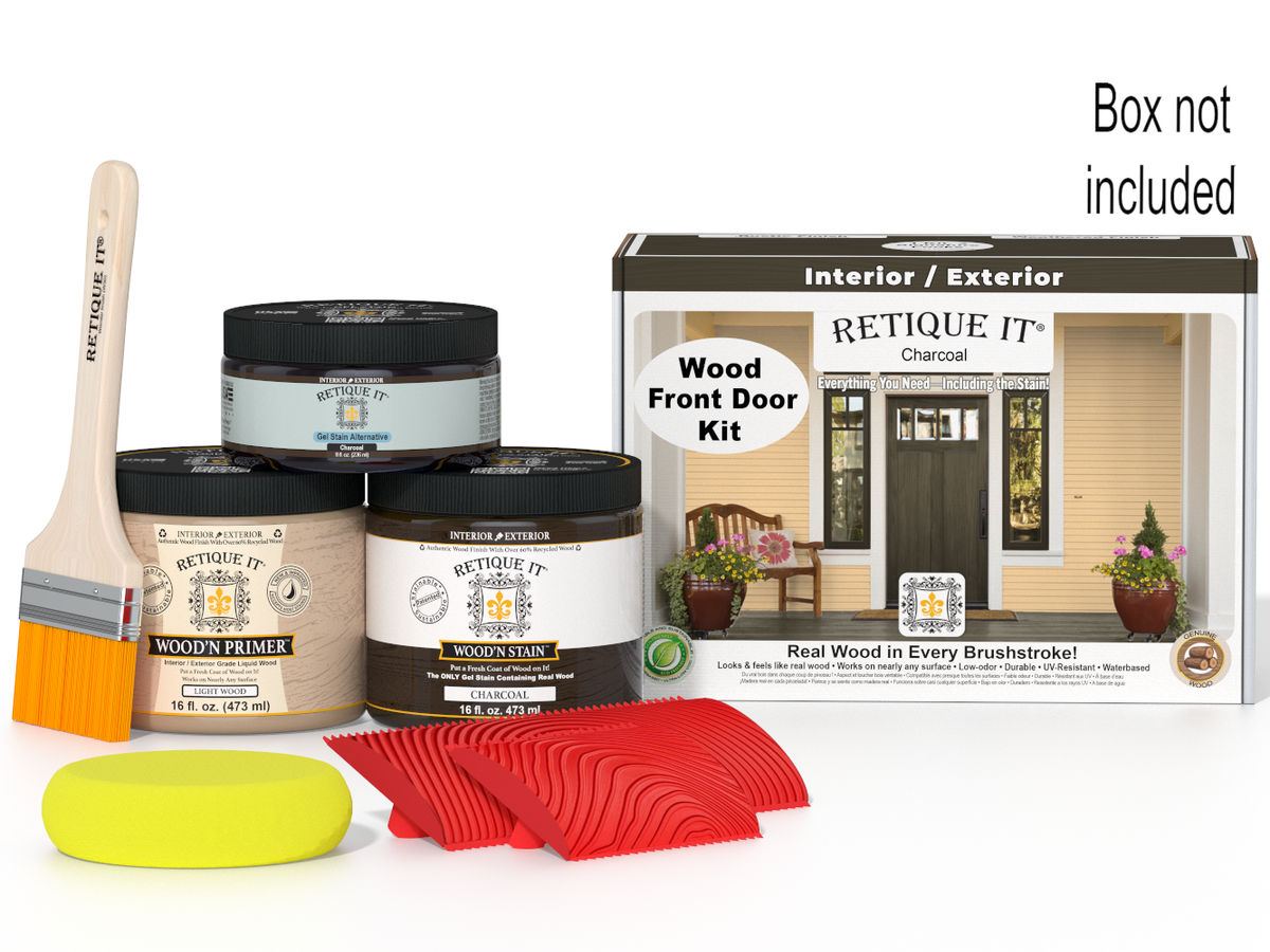 Wooden door painting kit with paint cans, brush, and sandpaper on a white background