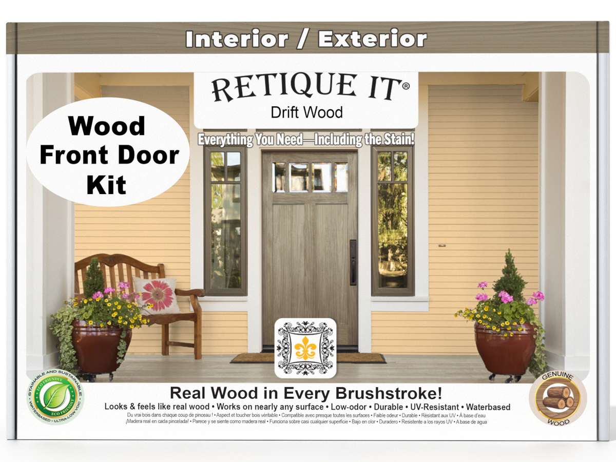 Retique It Wood Front Door Kit packaging with a door and garden scene on a white background