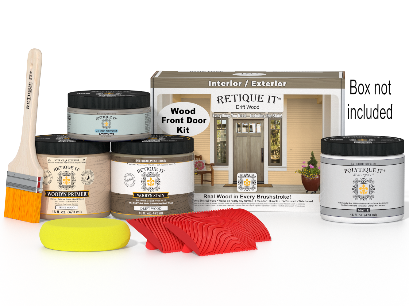 Retique It Wood'n Finish Drift Wood front door kit with stain options, showcasing the textured wood grain and kit components.