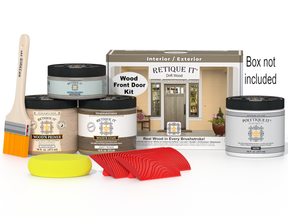 Retique It Wood'n Finish Drift Wood front door kit with stain and finishing supplies, shown in a box with wood grain effects.
