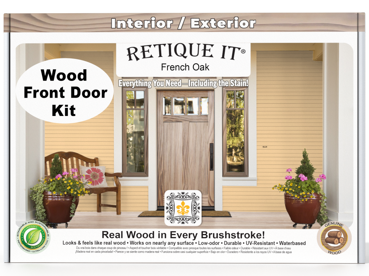 Retique It wood front door kit packaging with a sample door and bench on a white background