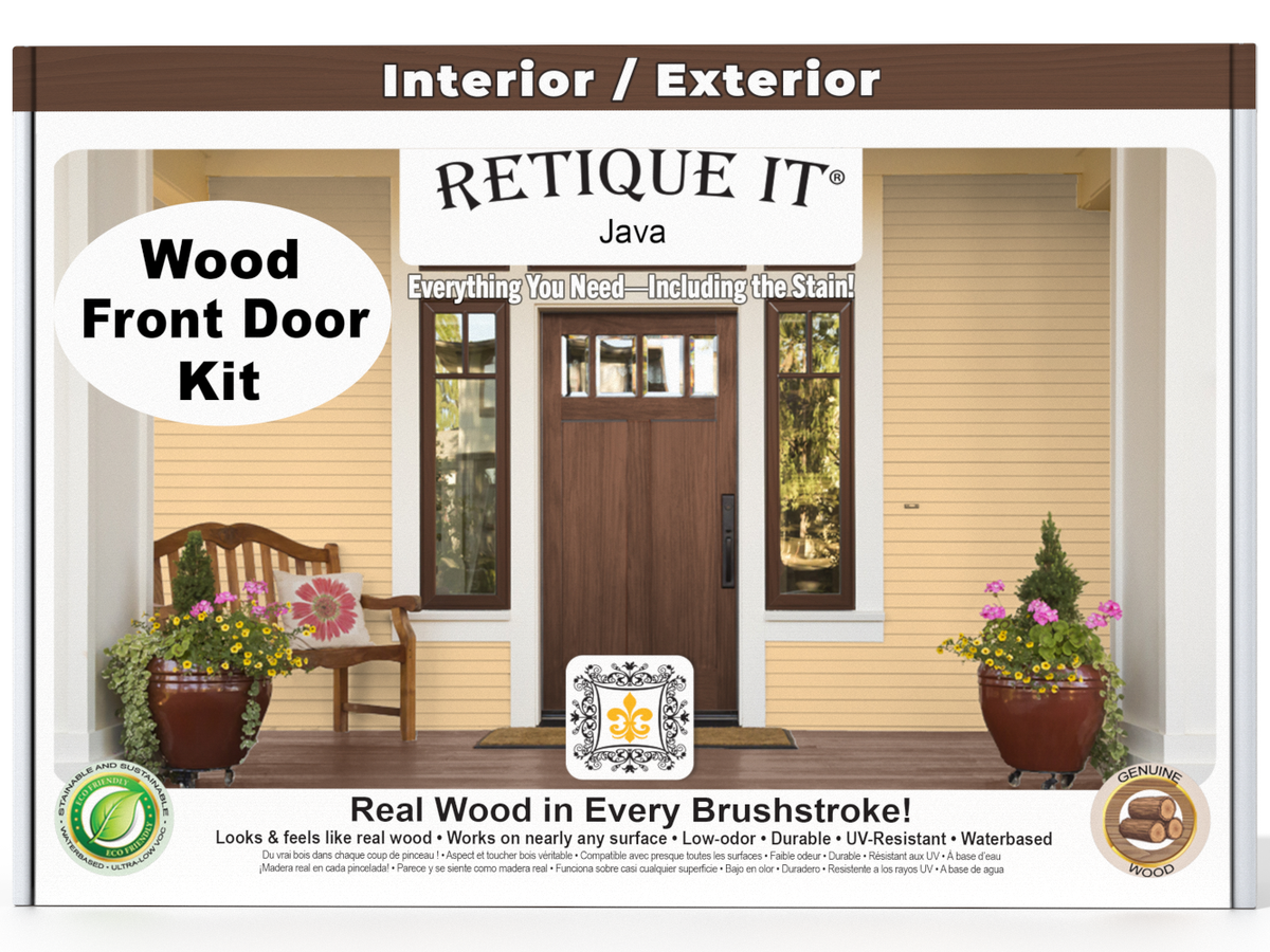 Retique It wood front door kit packaging with a wooden door and chair on a porch.