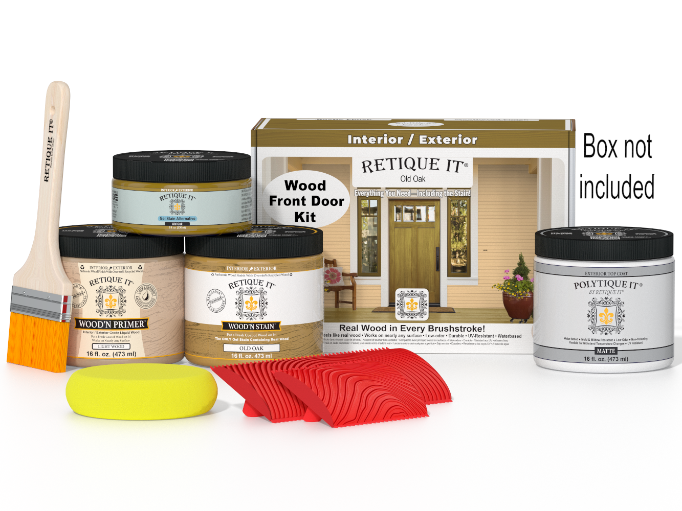 Retique It Wood'n Finish Old Oak front door stain kit with brushes in a box, showing wood grain and sample application.
