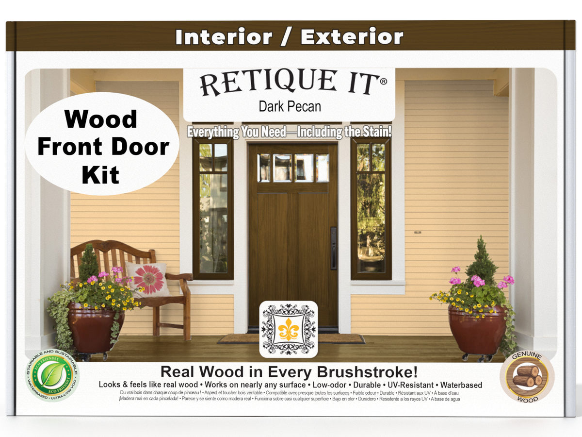 Retique It wood front door kit packaging with a door and bench illustration.