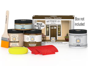 Retique It® Wood'n Finish Dark Pecan front door kit with stain, showing a finished wooden door with dark pecan color and smooth surface.