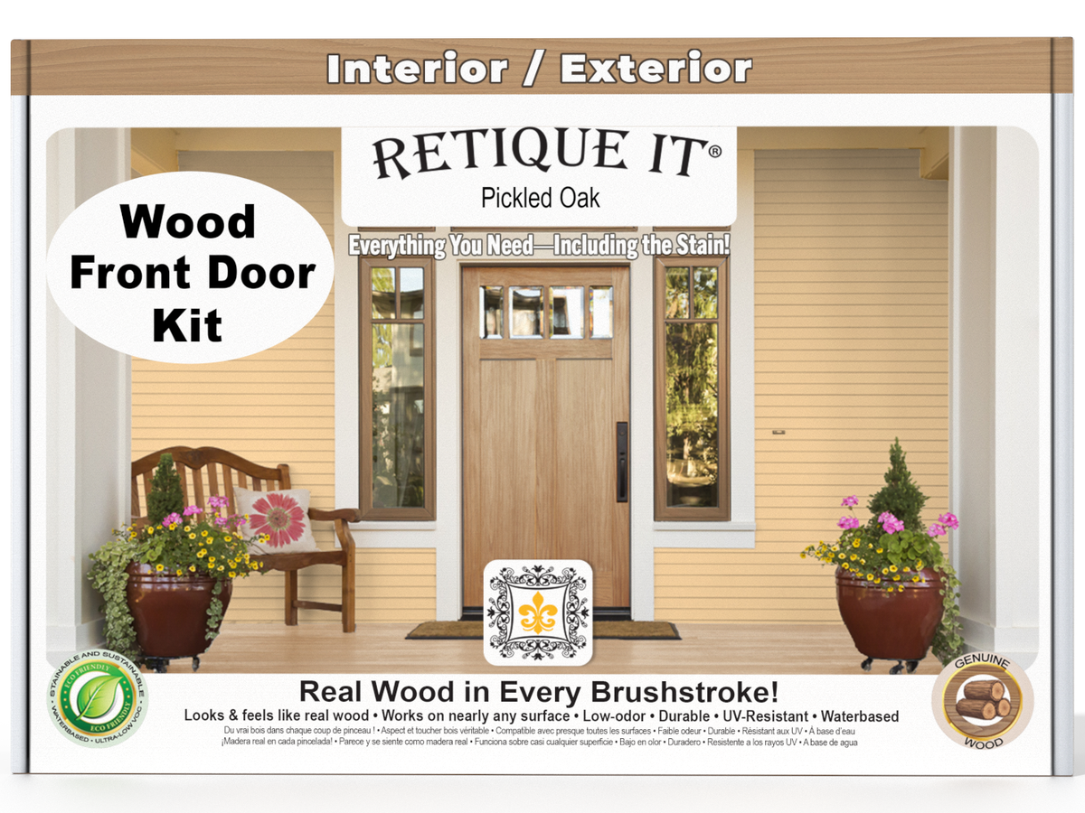 Retique It wood front door kit packaging with a wooden door and bench on a white background