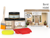 Retique It® Wood'n Finish Front Door Kit in Pickled Oak stain with stain bottles and applicator brushes visible.