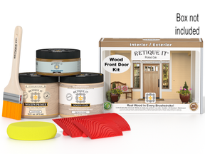 Retique It® Wood'n Finish Front Door Kit in Pickled Oak stain with stain bottles and applicator brushes visible.