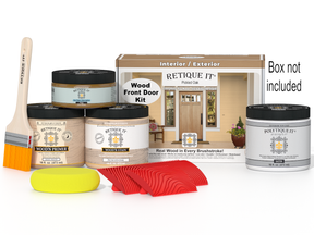 Retique It® Wood'n Finish front door kit in pickled oak stain, with a natural wood grain appearance and finishing supplies.