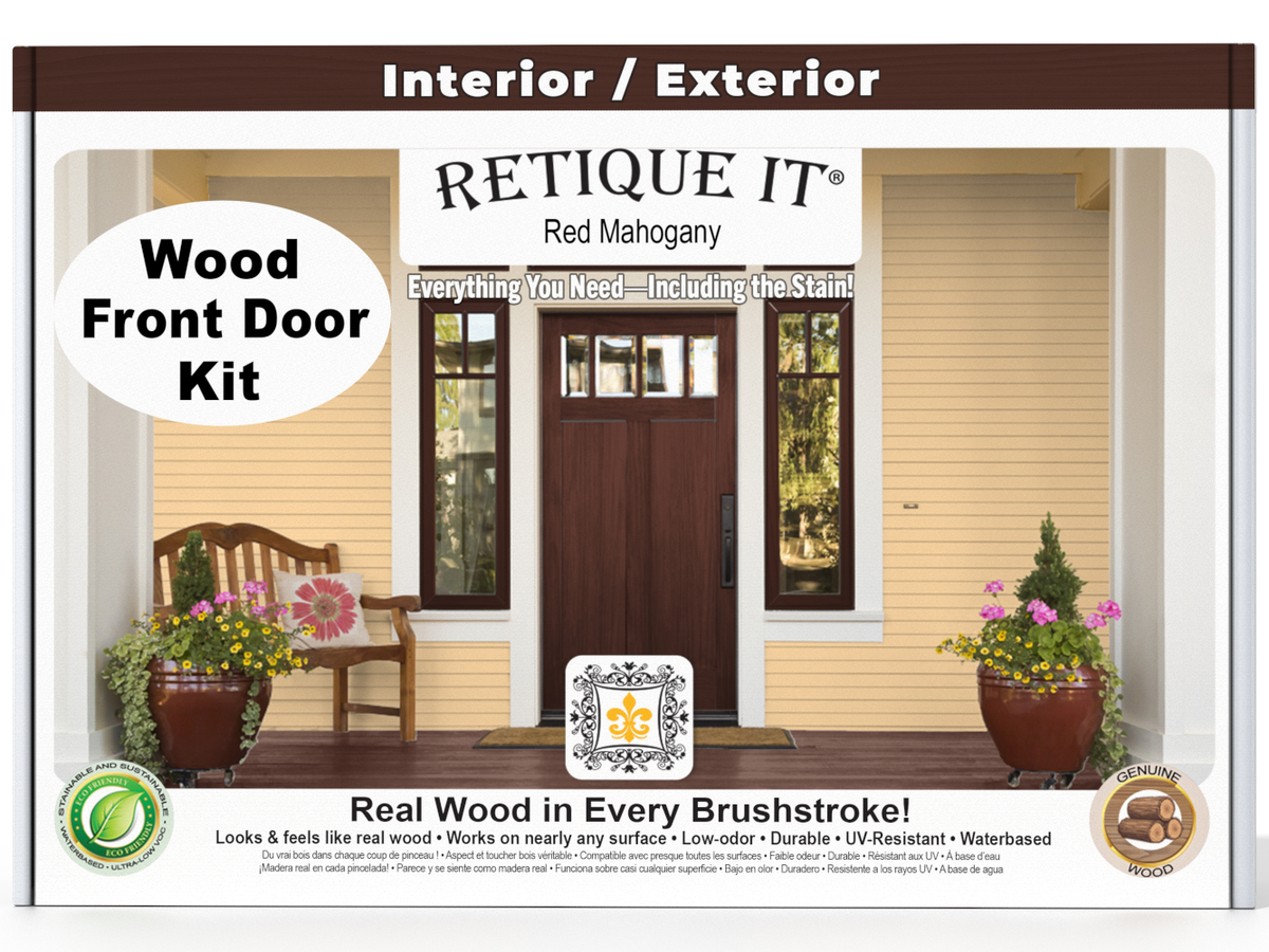 Retique It wood front door kit packaging with a door and bench on a porch.