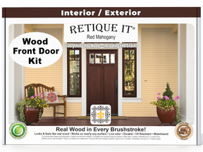 Retique It® Wood'n Finish front door kit in Red Mahogany stain, showing a detailed view of the stained wooden door panel.