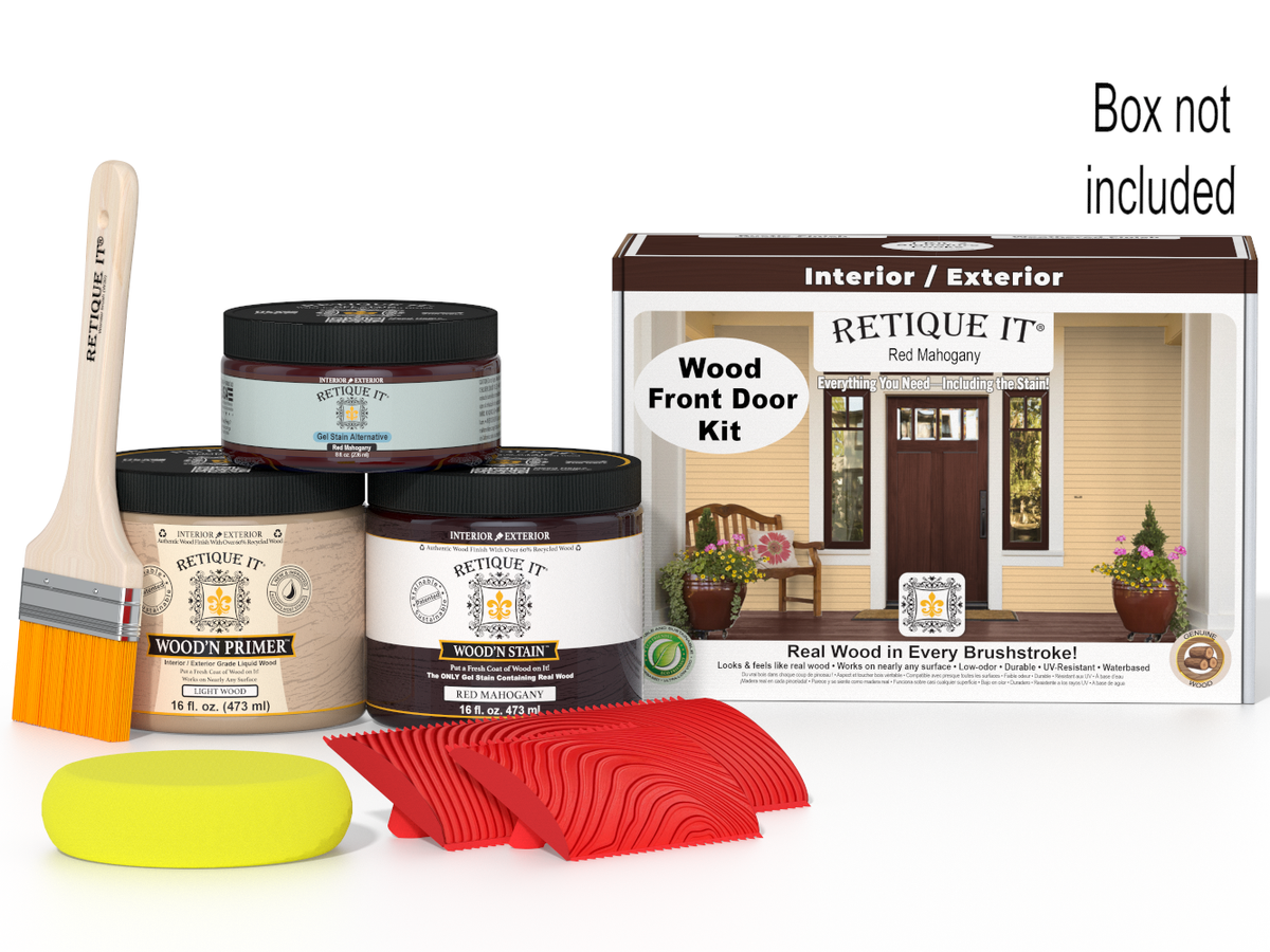 Wooden door kit with paint cans, brush, and other tools on a white background