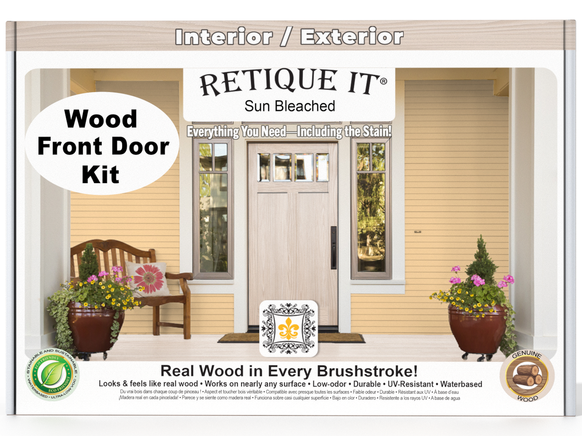 Retique It wood front door kit packaging with a door and garden scene on a white background.