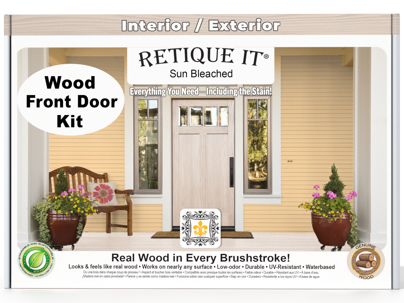 Retique It Wood'n Finish Front Door Kit in Sun Bleached, showcasing the kit components and a finished front door example.