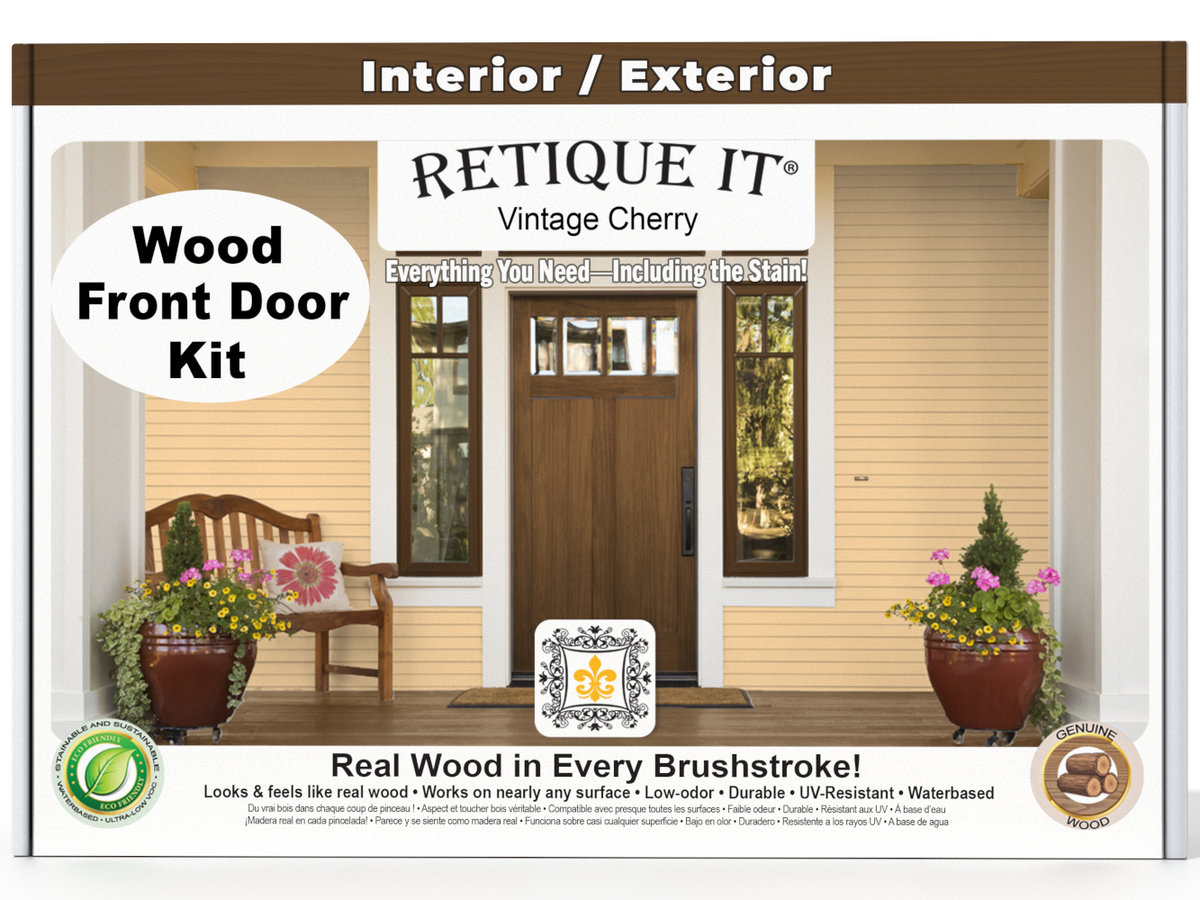 Retique It Wood Front Door Kit packaging with a door and porch scene on a white background.