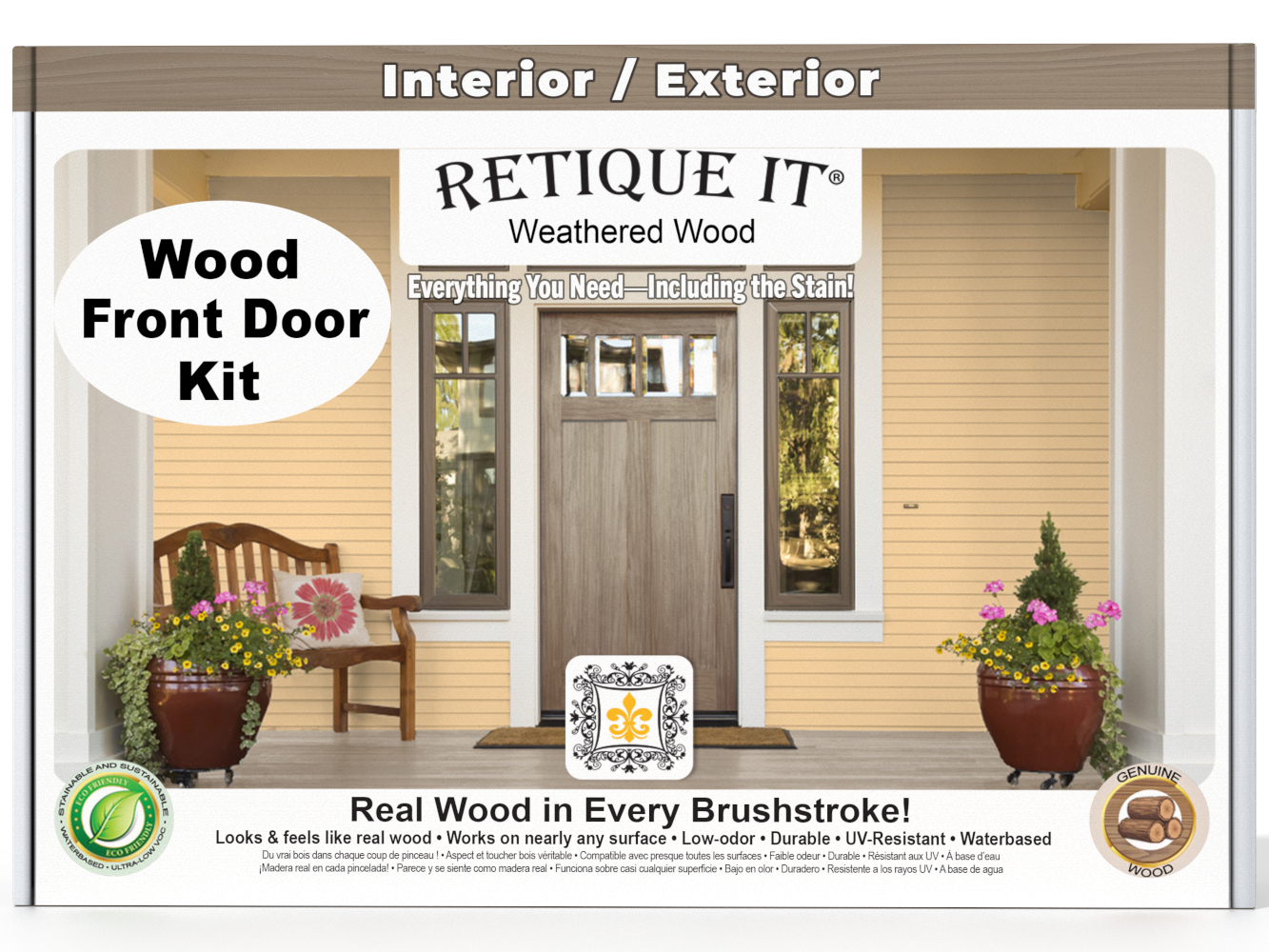 Retique It® Wood'n Finish front door kit in weathered wood stain, showing a door with a natural, textured wood finish.