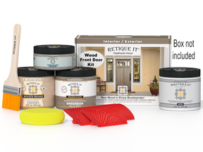 Retique It® Wood'n Finish front door kit in weathered wood stain, includes staining supplies for a durable, rustic look.