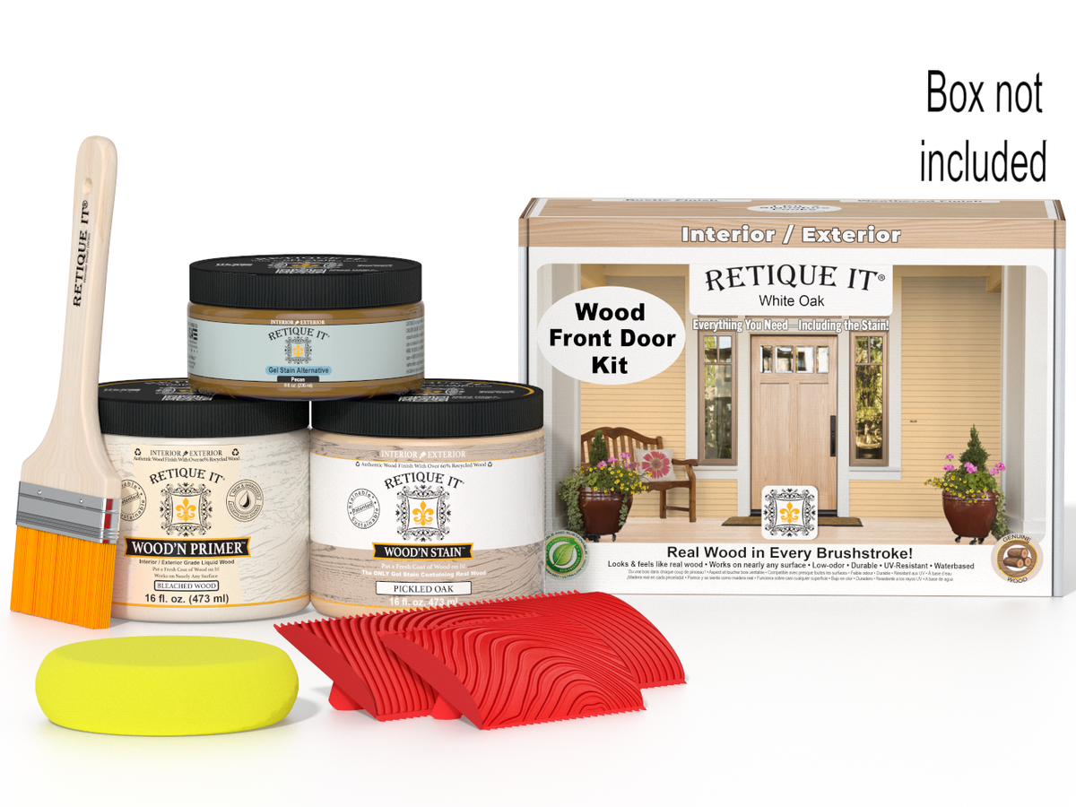 Painting kit with paint cans, a brush, and a box labeled 'Retique It' on a white background.