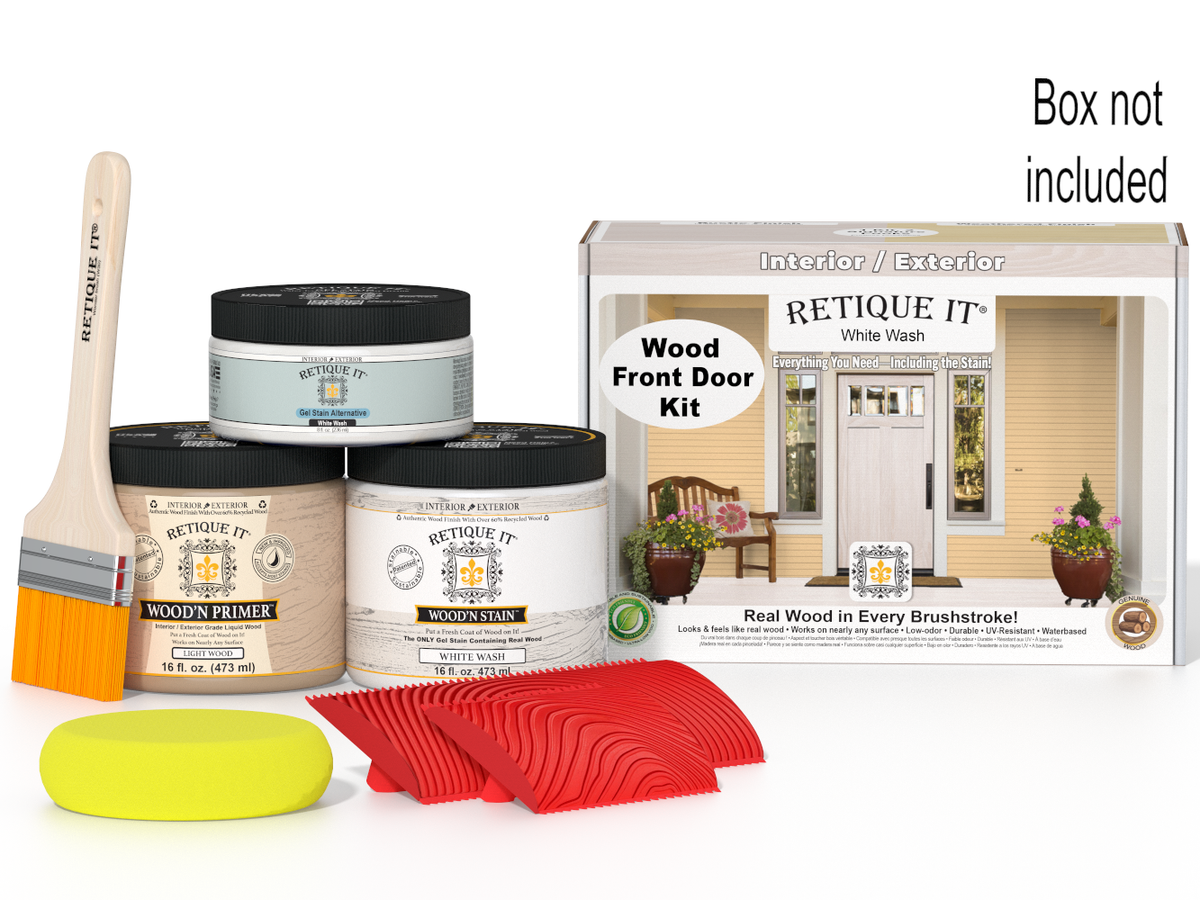 Painting kit with tools and 'Retique It' wood front door kit packaging on a white background