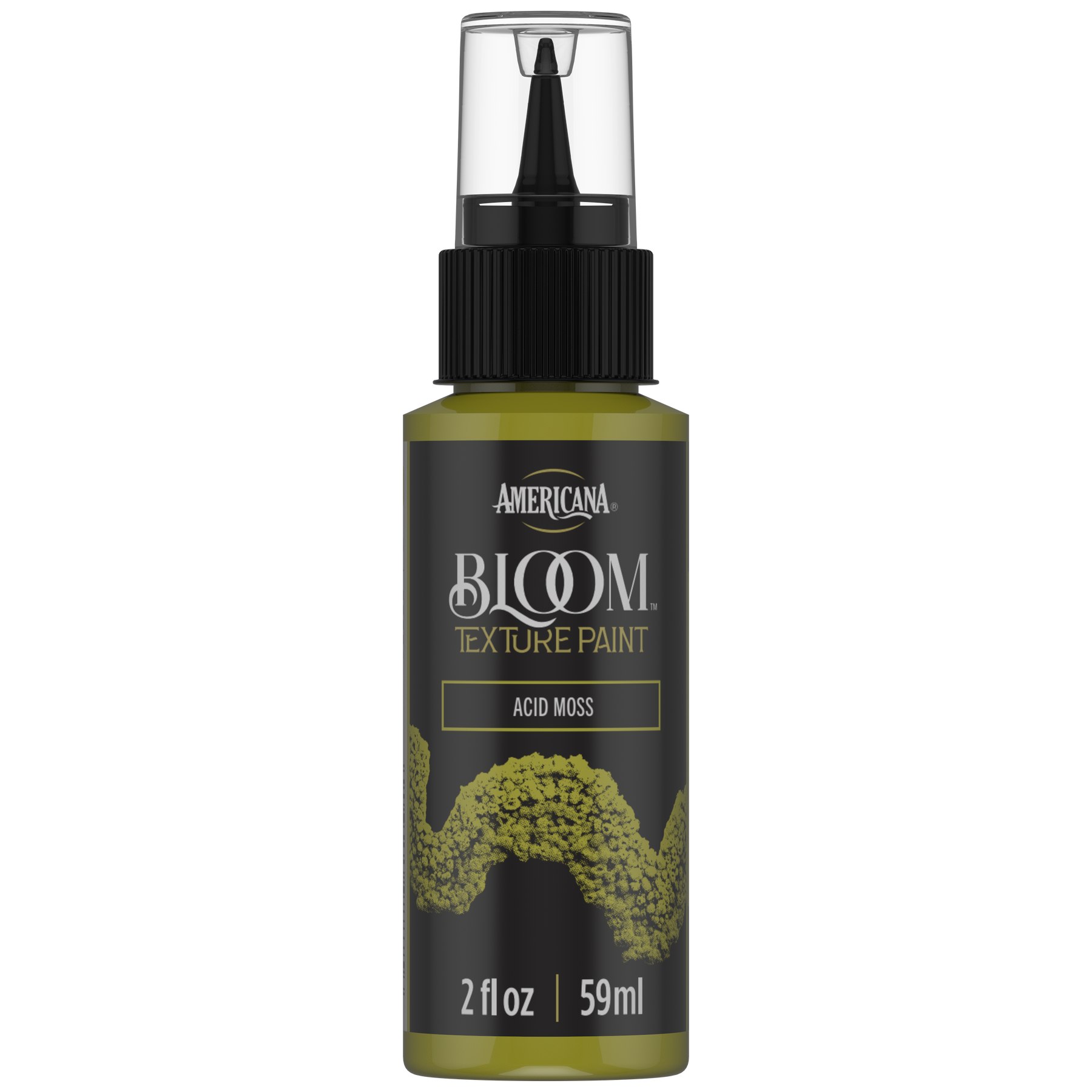 DecoArt Bloom Texture Paint in Acid Moss, green textured craft paint bottle with label facing forward