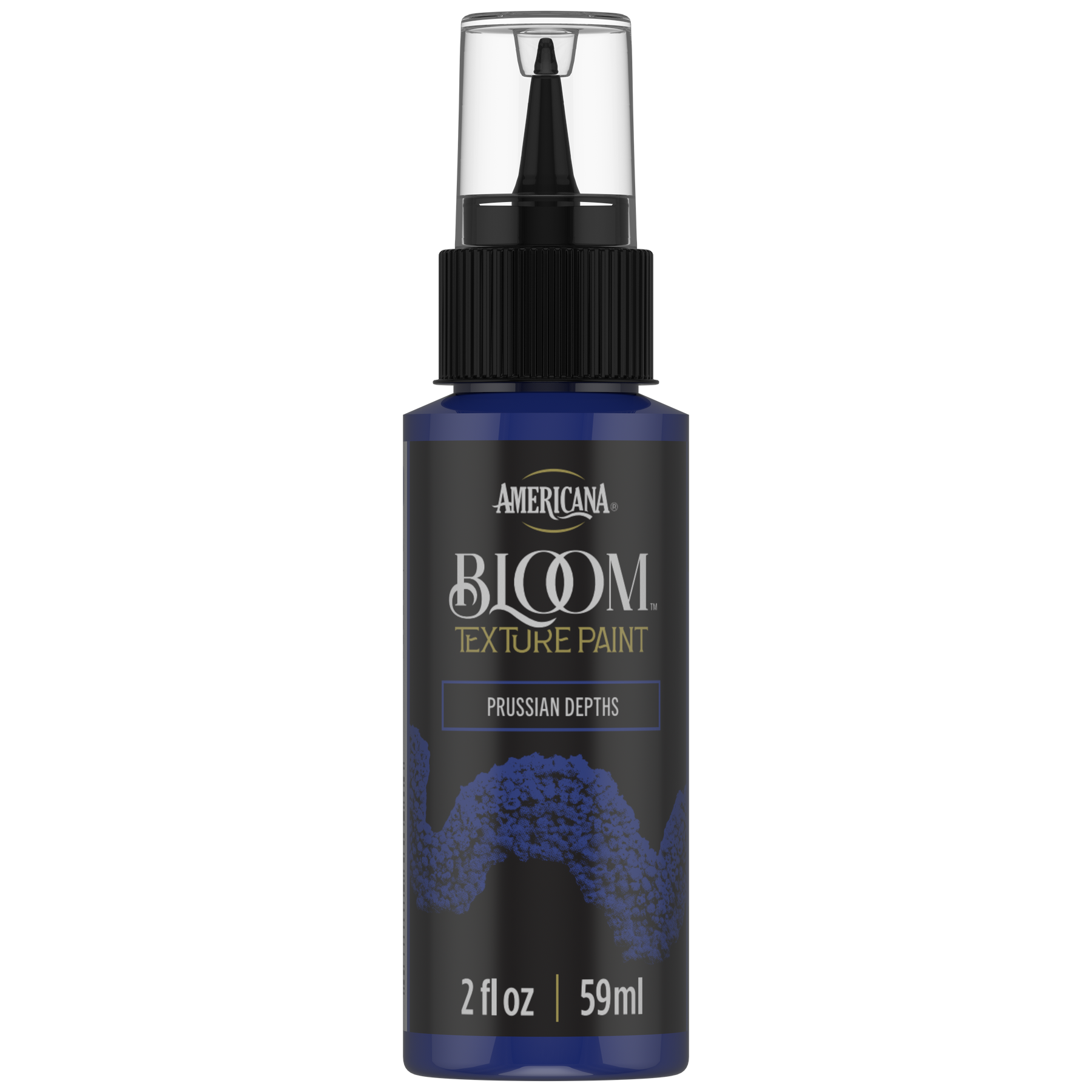 DecoArt Bloom Texture Paint in Prussian Depths, front view of the paint container label