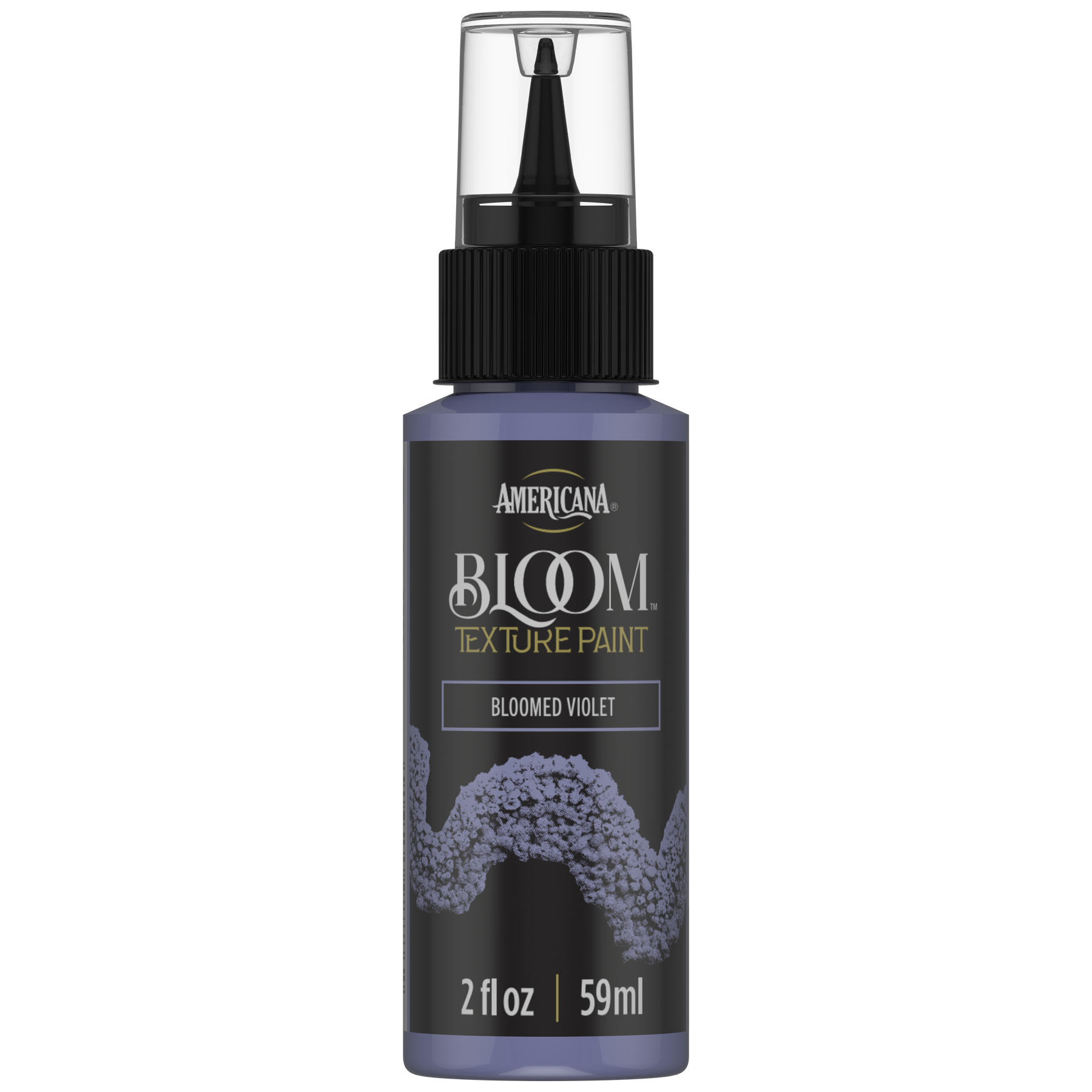 DecoArt Bloom Texture Paint in Bloomed Violet, front view of the product container
