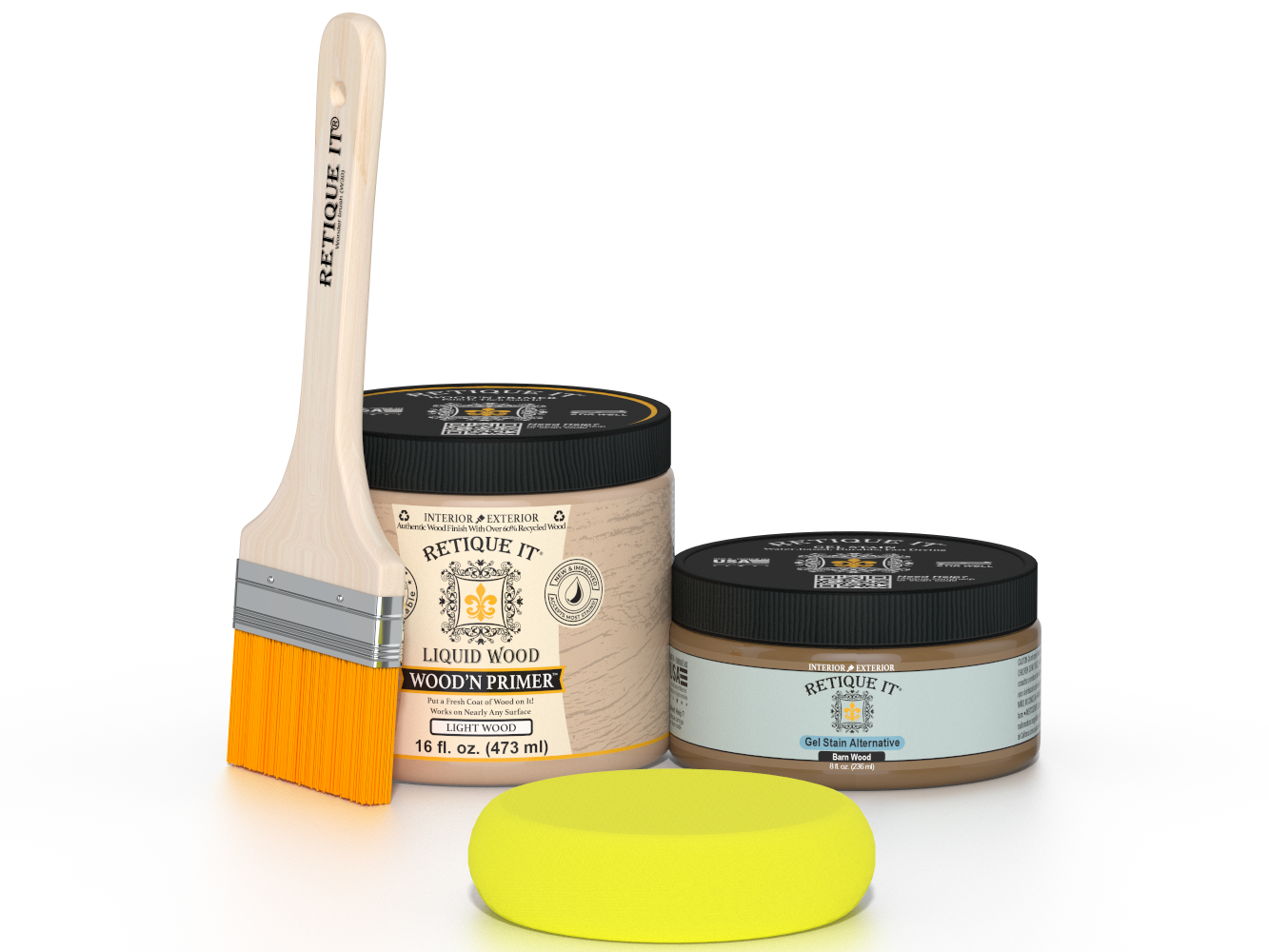 Retique It Barn Wood Kit with Light Wood Wood'n Primer, Barn Wood Gel Stain Alternative, paintbrush, and yellow sponge.
