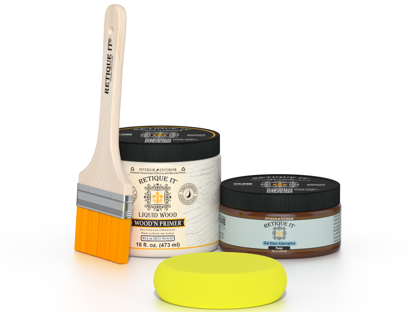 Retique It® White Oak Multipurpose Kit contents with Liquid Wood primer, Pecan gel stain alternative, paintbrush, and yellow sponge.