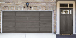 Large Harbor Gray Wood'n Finish Kit for interior wood projects, featuring wood grain top coat application in a garage door setting.