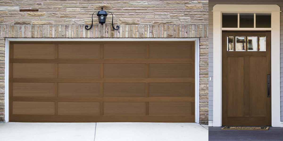 Retique It Multi-purpose Smooth Finish Kit in Dark Oak for exterior wood, featuring a matte top coat on a garage door.